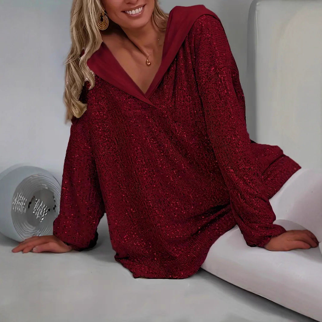 Sequin Drop Shoulder Oversized Hoodie - Red