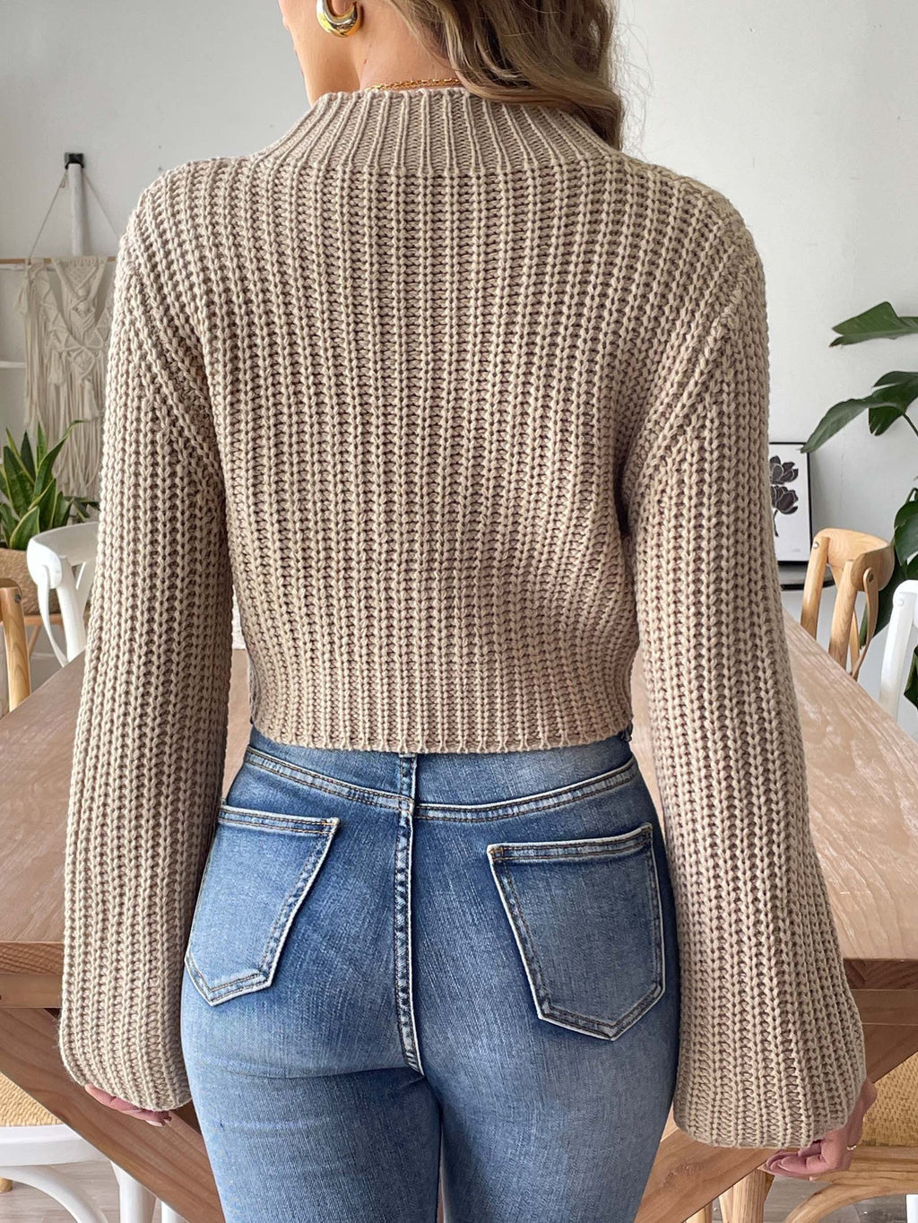 Ribbed Bell Sleeve Cropped Knit Sweater - Khaki - 2