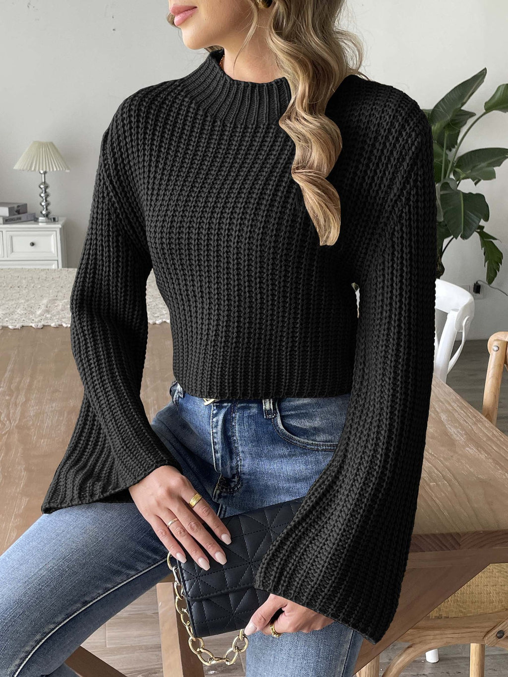 Ribbed Bell Sleeve Cropped Knit Sweater - black