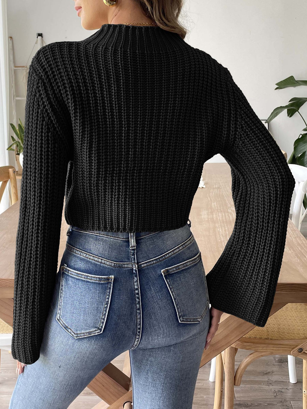 Ribbed Bell Sleeve Cropped Knit Sweater - black - 1