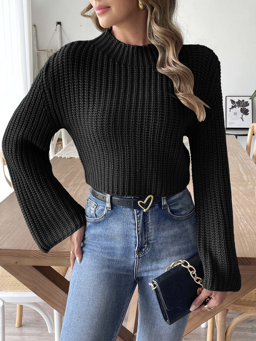 Ribbed Bell Sleeve Cropped Knit Sweater - black - 3