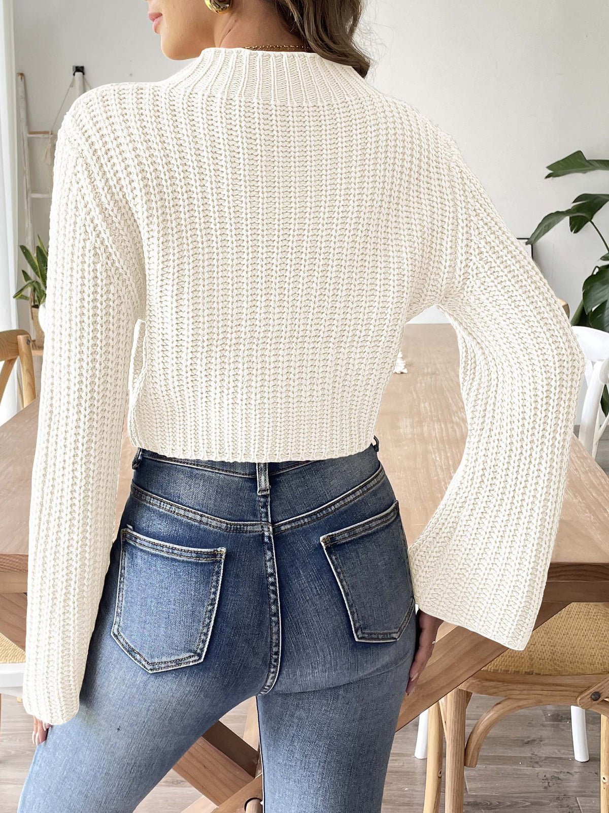 Ribbed Bell Sleeve Cropped Knit Sweater - white - 1