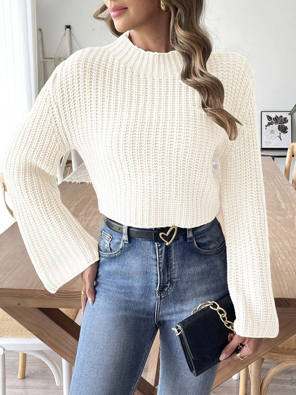 Ribbed Bell Sleeve Cropped Knit Sweater - white - 3