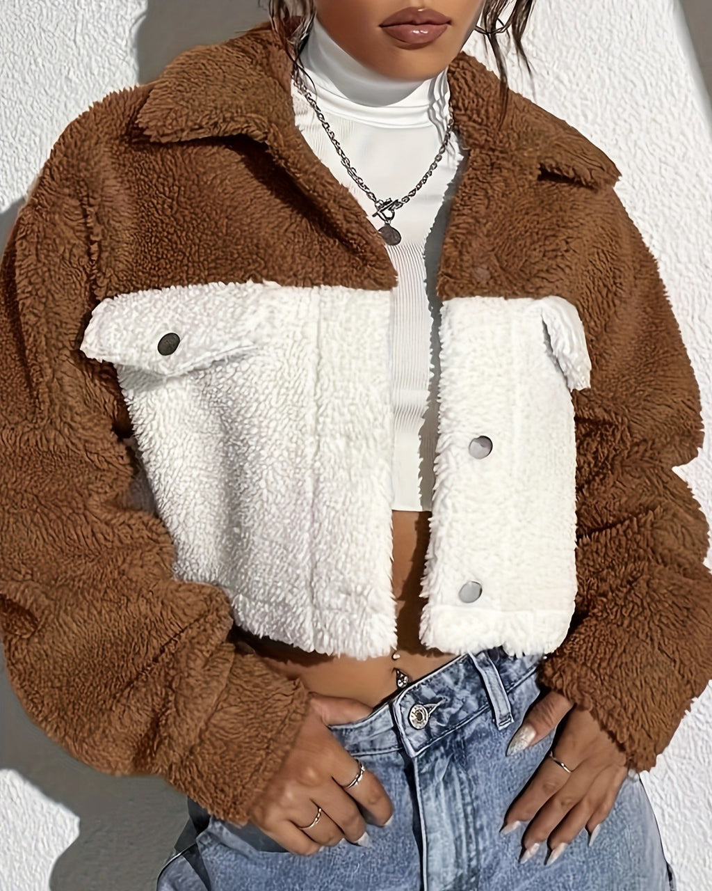 Color Block Fuzzy Cropped Trucker Jacket - Brown