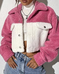 Color Block Fuzzy Cropped Trucker Jacket - Pink