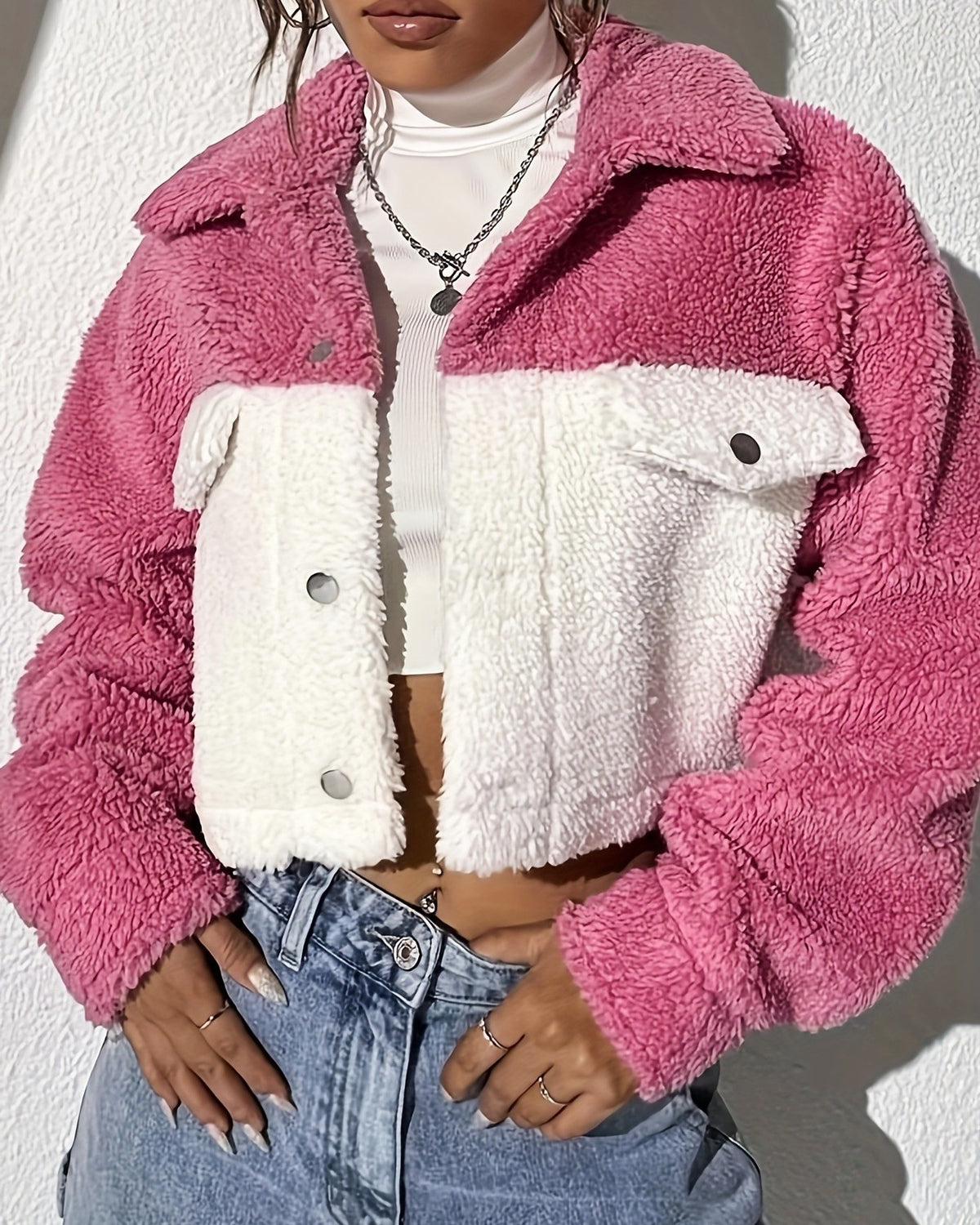 Color Block Fuzzy Cropped Trucker Jacket - Pink