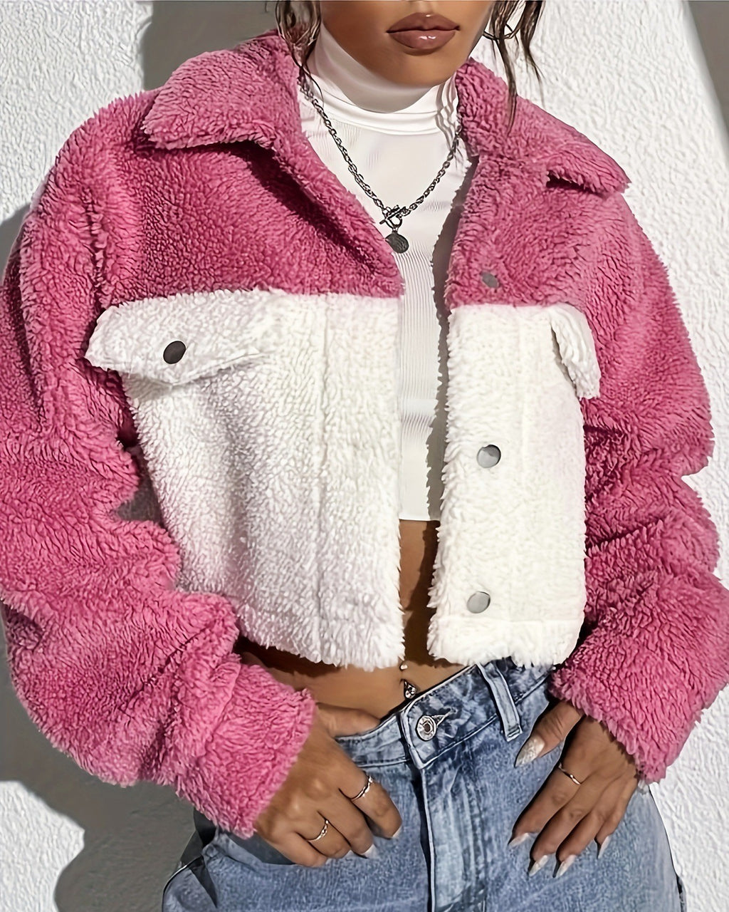 Color Block Fuzzy Cropped Trucker Jacket - Pink - 1