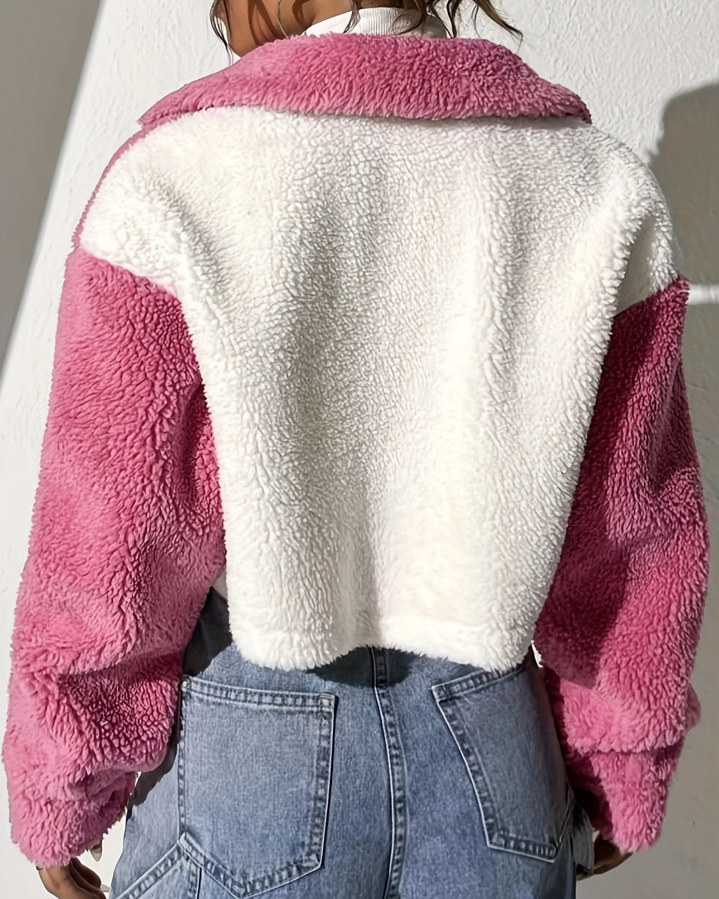 Color Block Fuzzy Cropped Trucker Jacket - Pink - 2