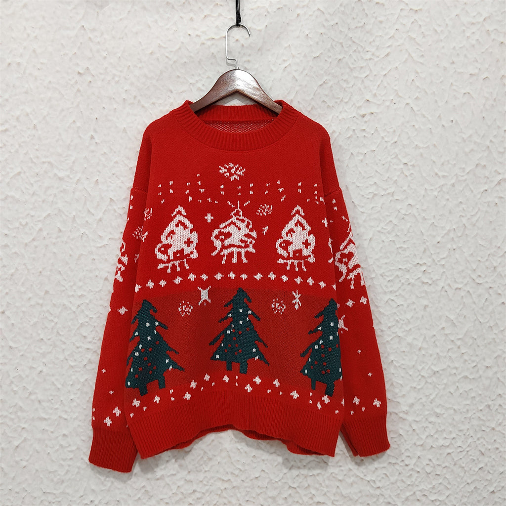Pine Tree Jacquard Festive Knit Sweater - Red