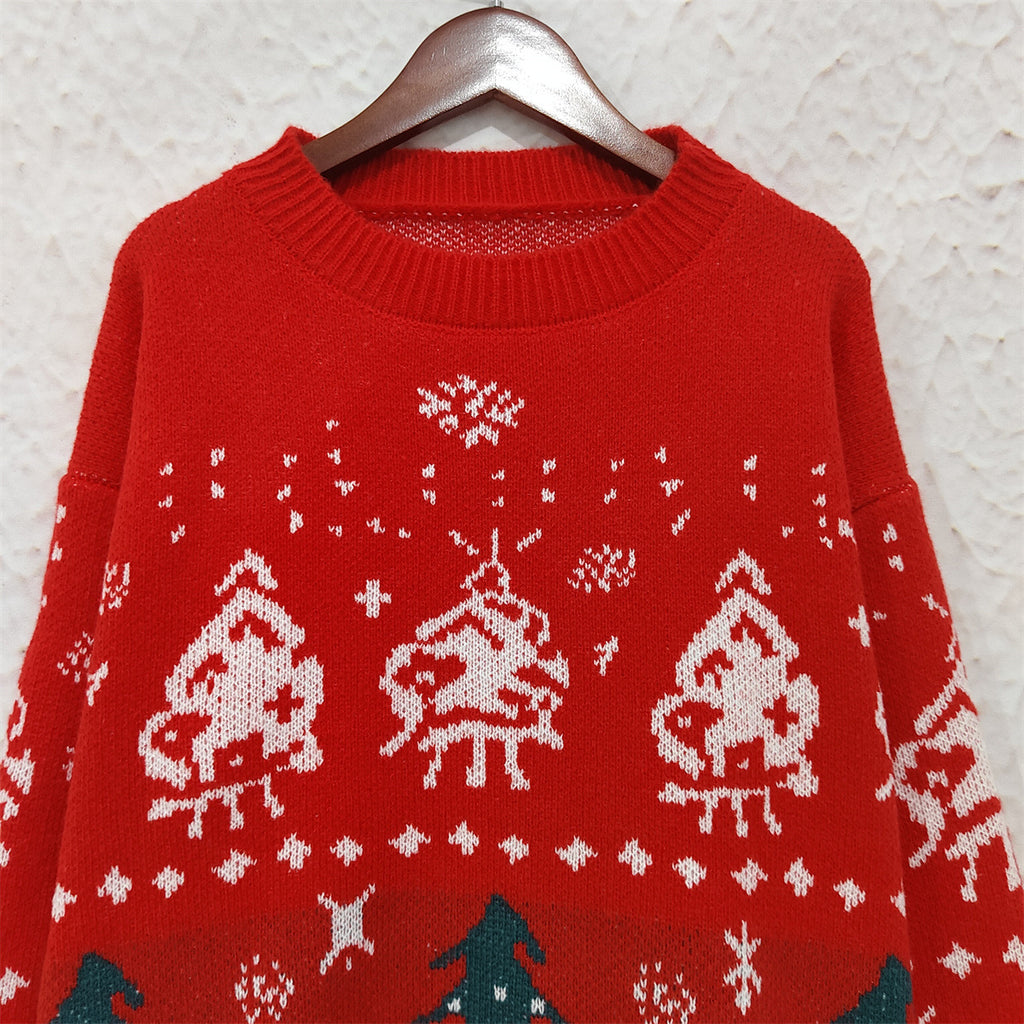 Pine Tree Jacquard Festive Knit Sweater - Red - 1