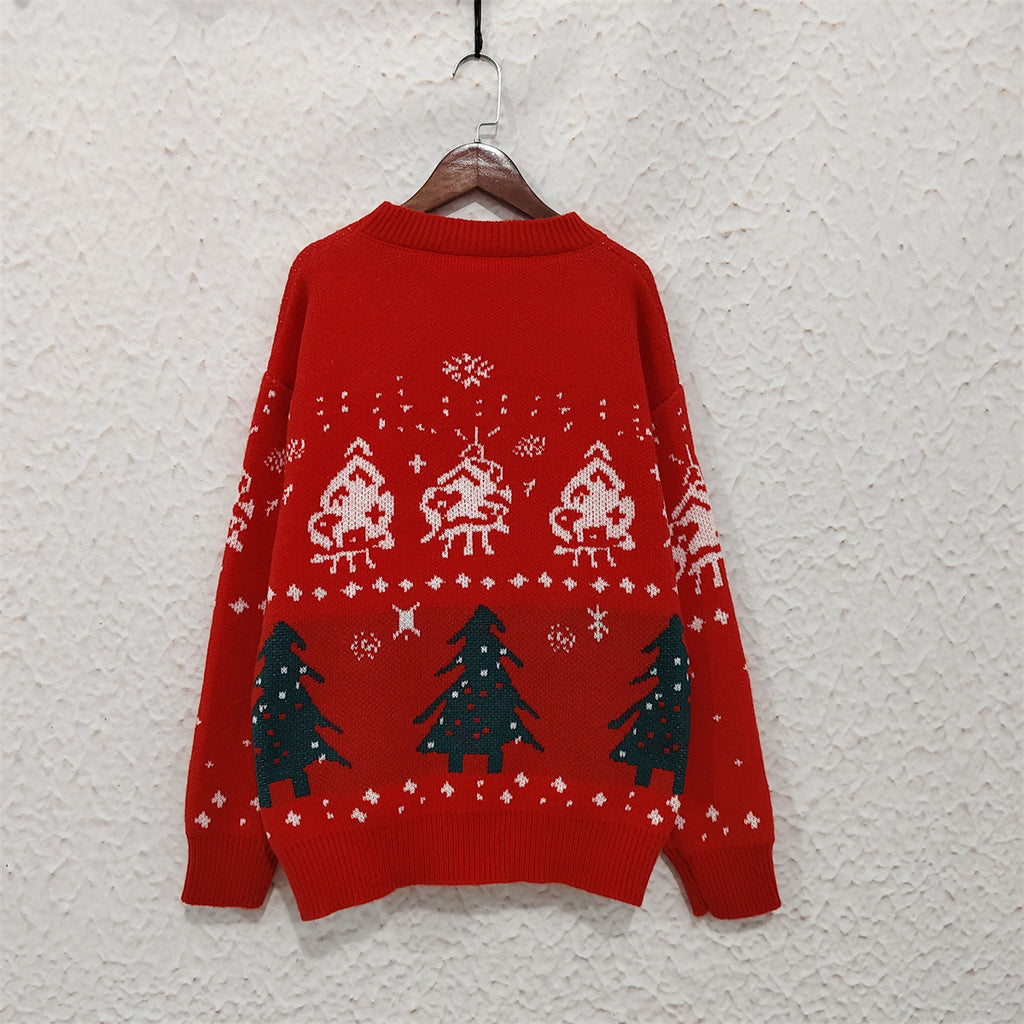 Pine Tree Jacquard Festive Knit Sweater - Red - 2