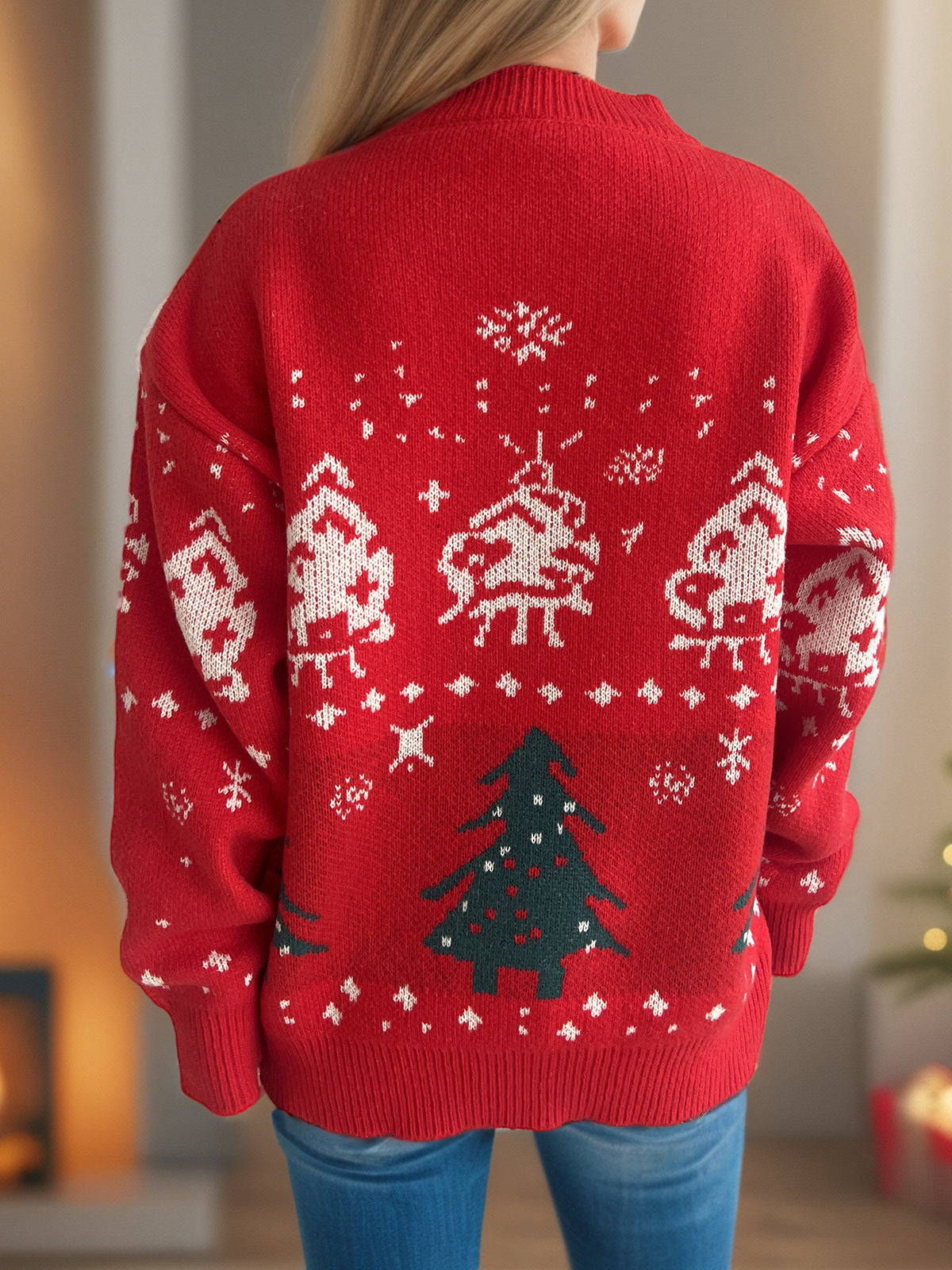 Pine Tree Jacquard Festive Knit Sweater - Red - 6