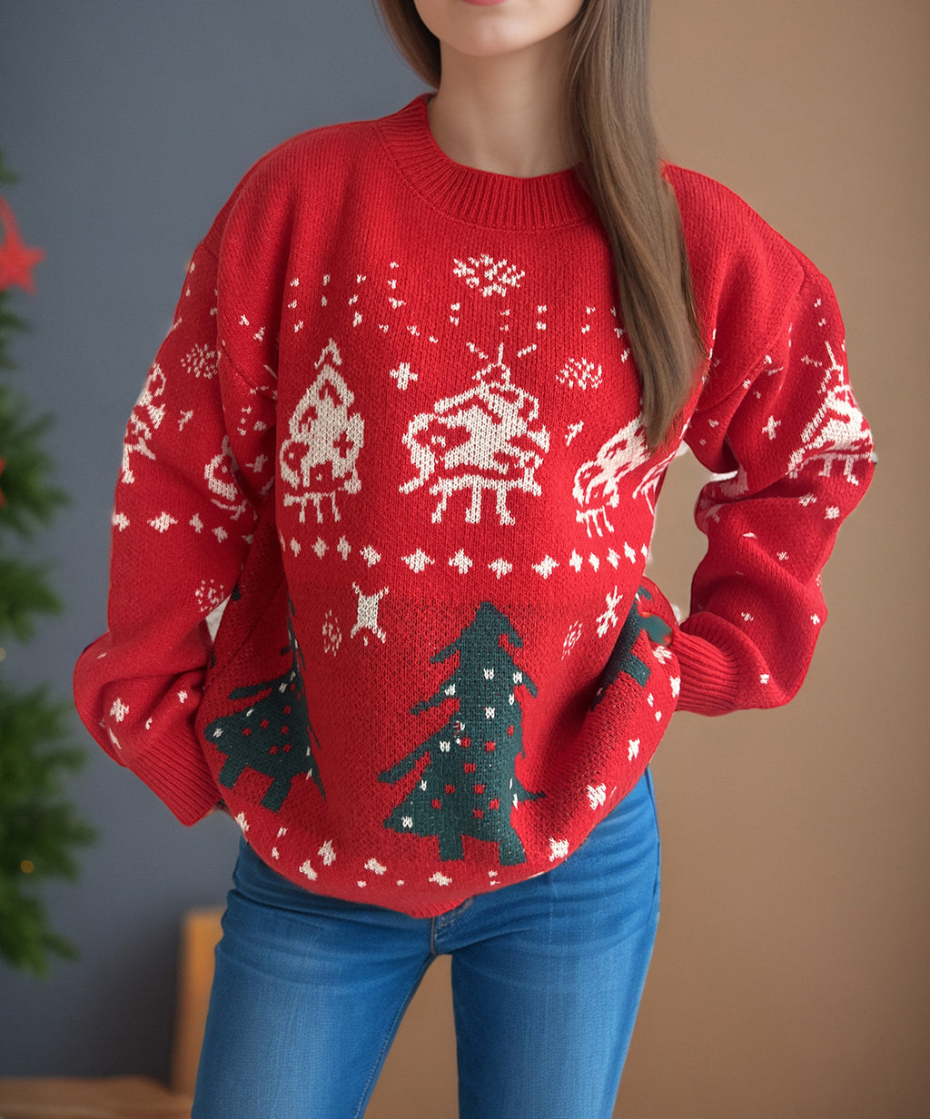 Pine Tree Jacquard Festive Knit Sweater