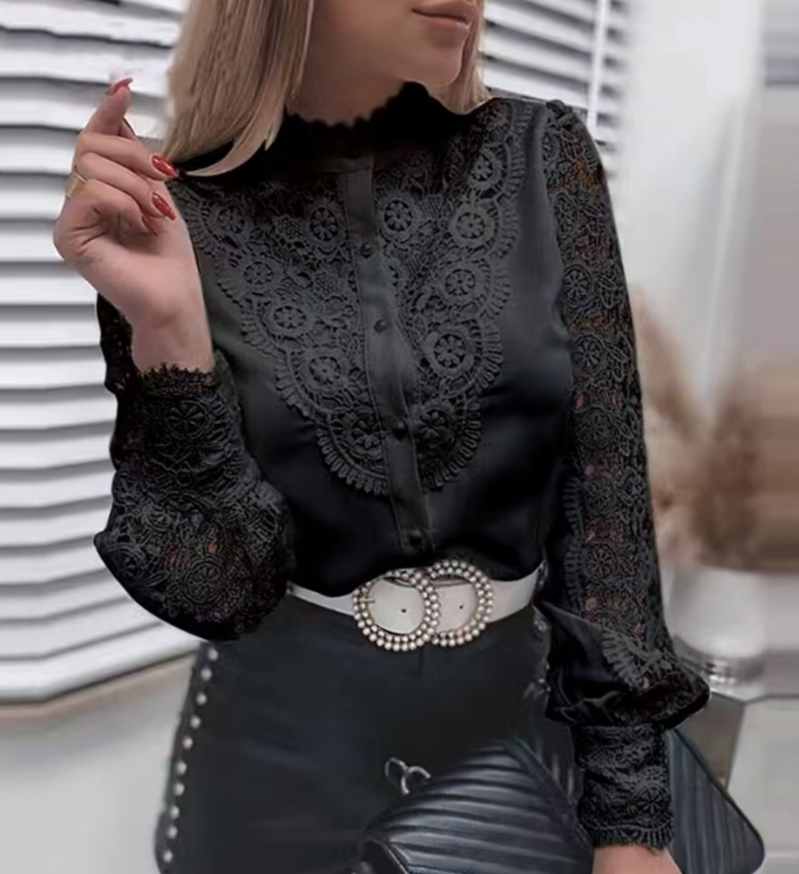 Crochet Lace Panel Long Sleeve Blouse - Black - 2
