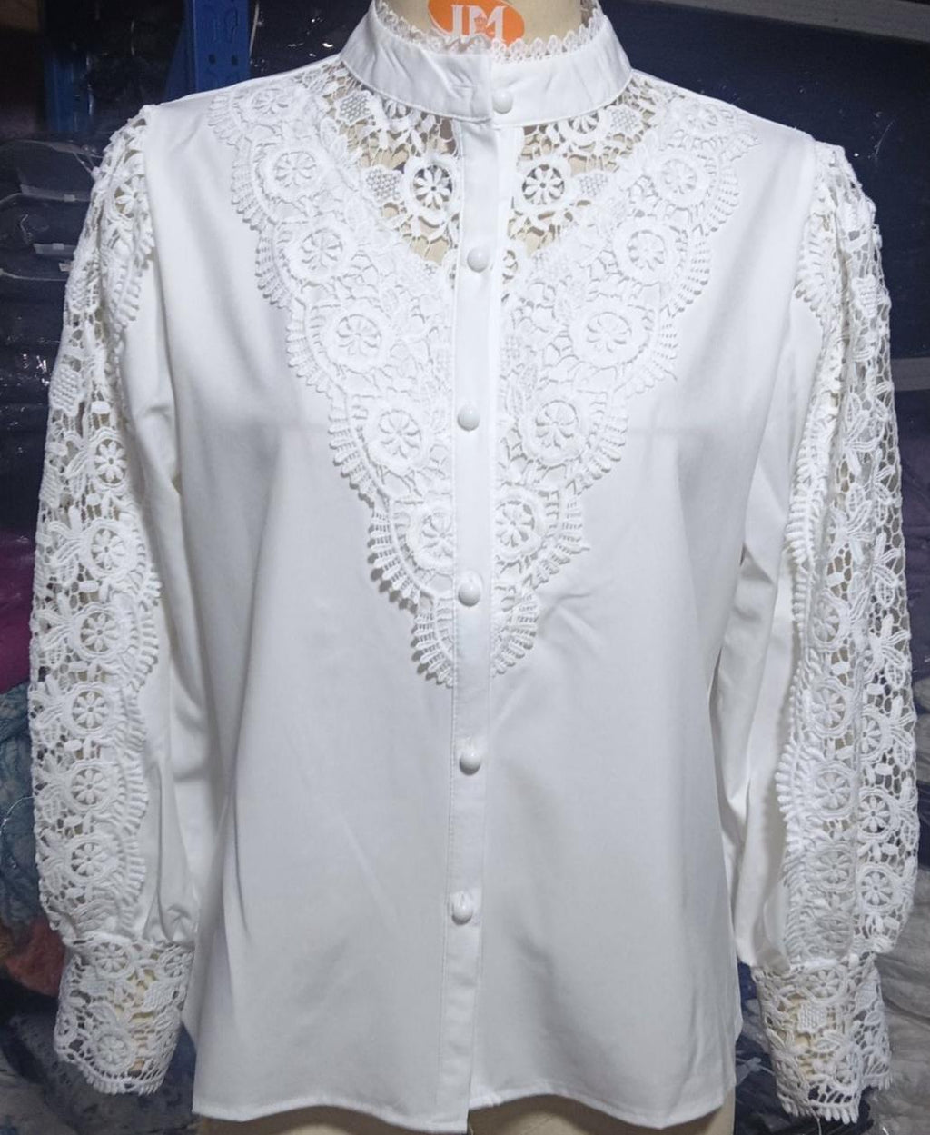 Crochet Lace Panel Long Sleeve Blouse - MWhite