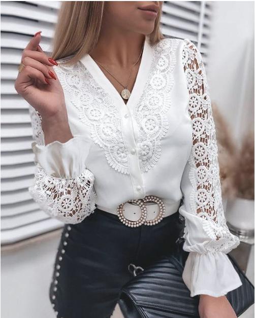 Crochet Lace Panel Long Sleeve Blouse - VWhite - 1