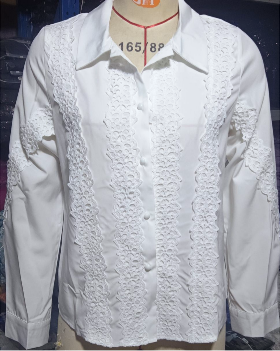 Crochet Lace Panel Long Sleeve Blouse - White