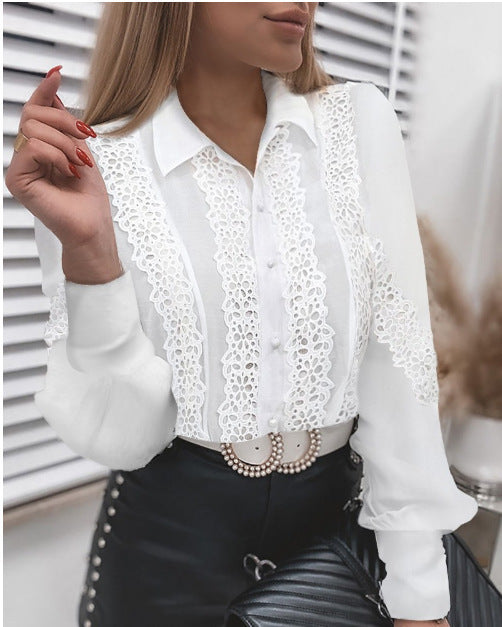 Crochet Lace Panel Long Sleeve Blouse - White - 2