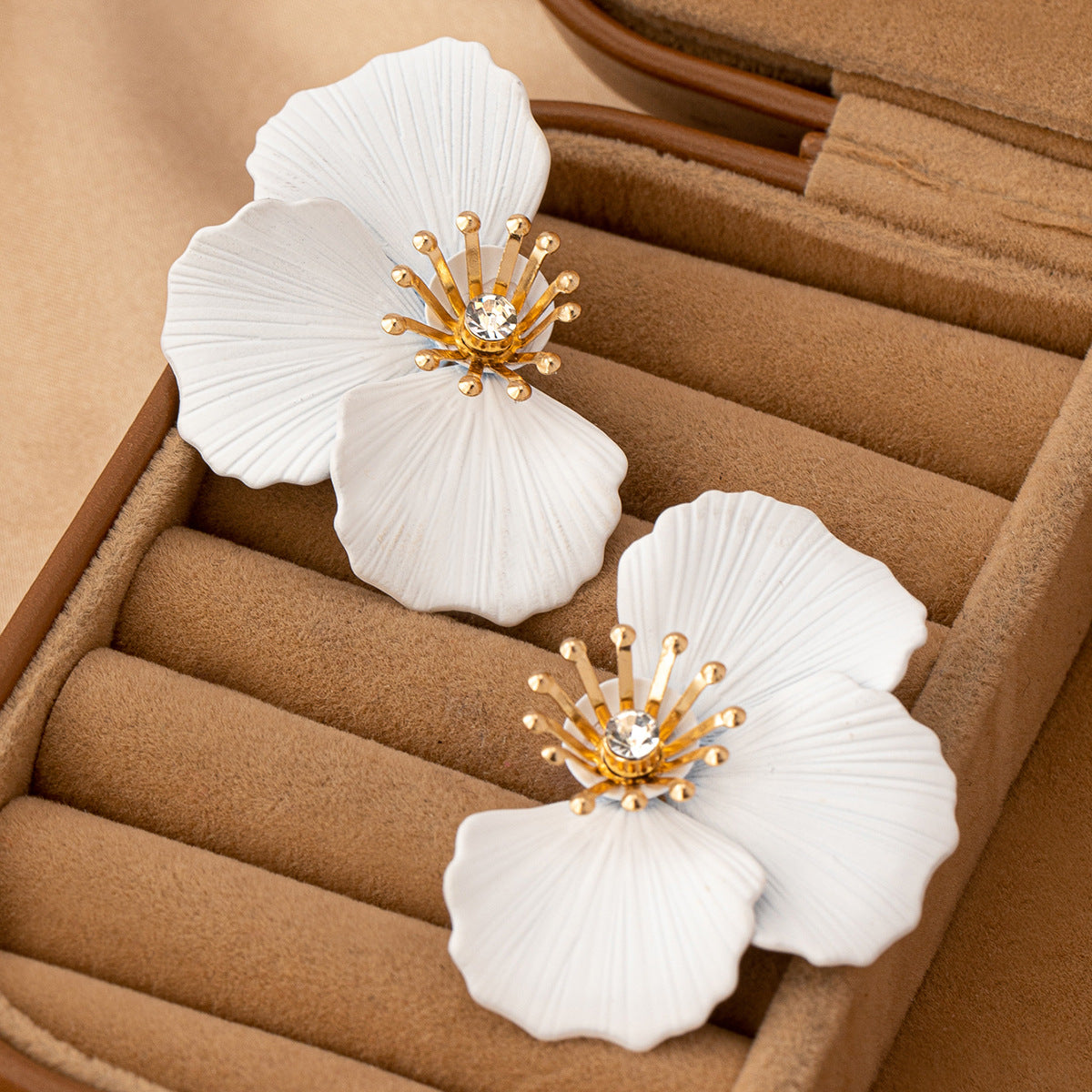 Textured Petal Flower Stud Earrings - White