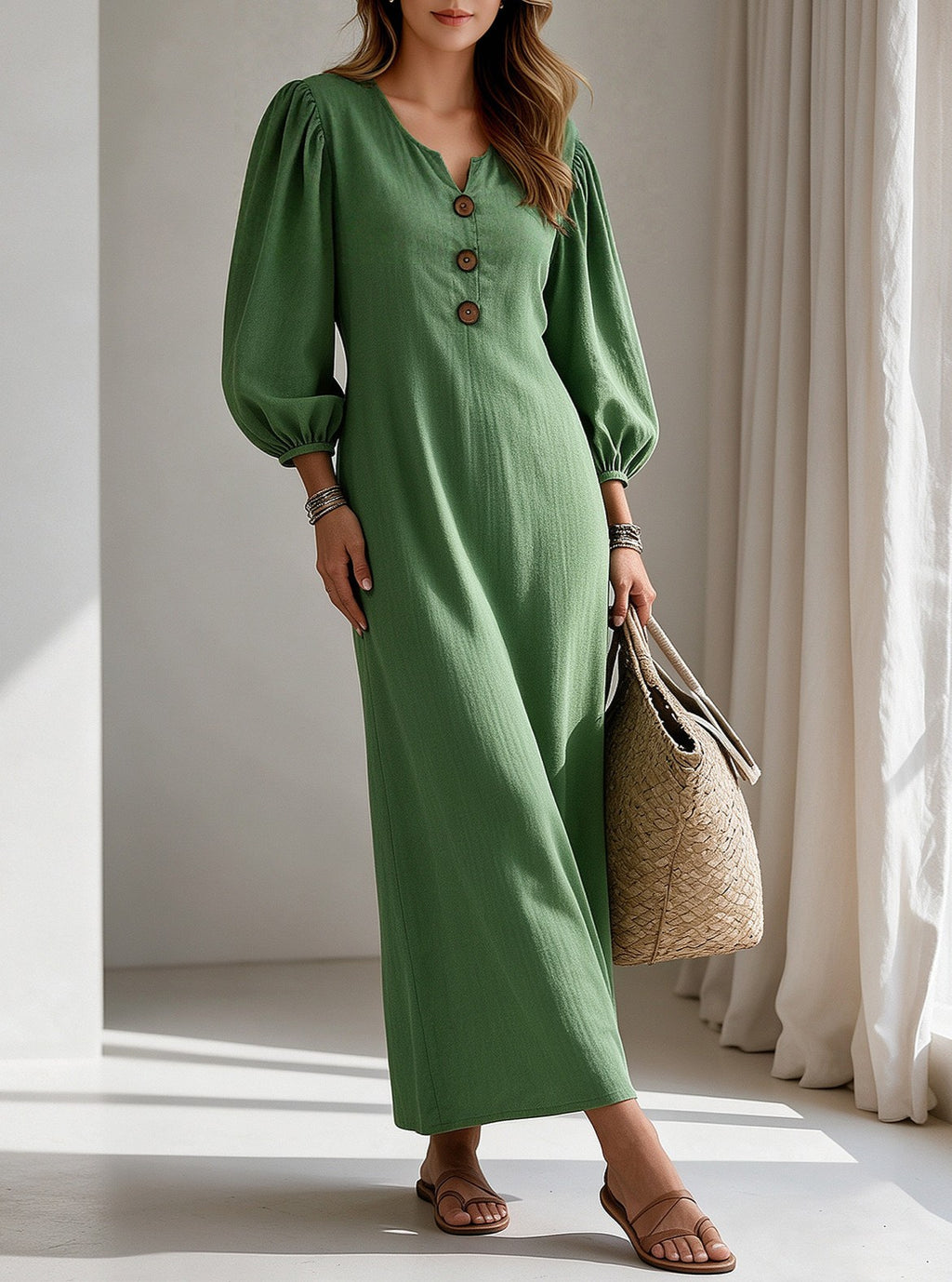 Balloon Sleeve V-Neck Maxi Dress With Pockets - Green - 1