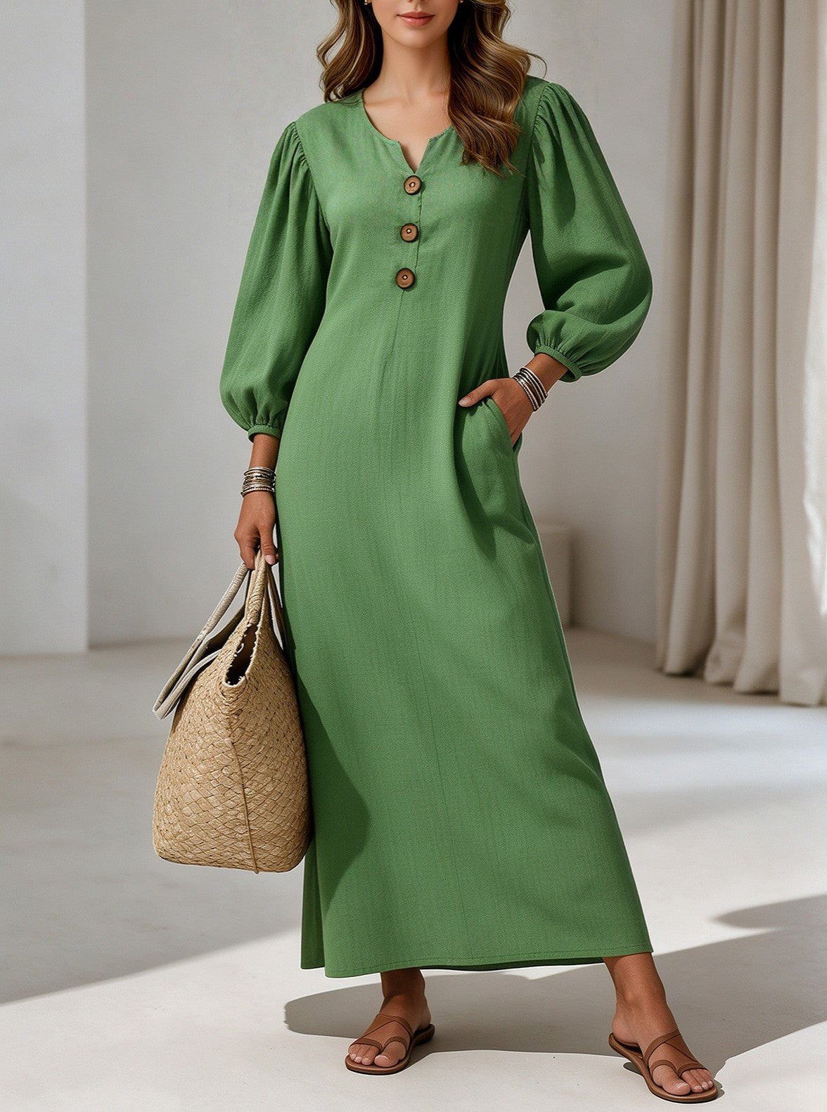 Balloon Sleeve V-Neck Maxi Dress With Pockets - Green - 2