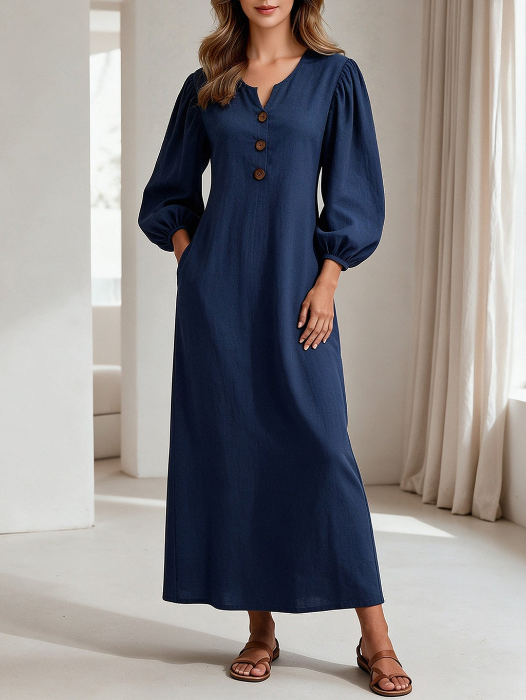 Balloon Sleeve V-Neck Maxi Dress With Pockets - NavyBlue