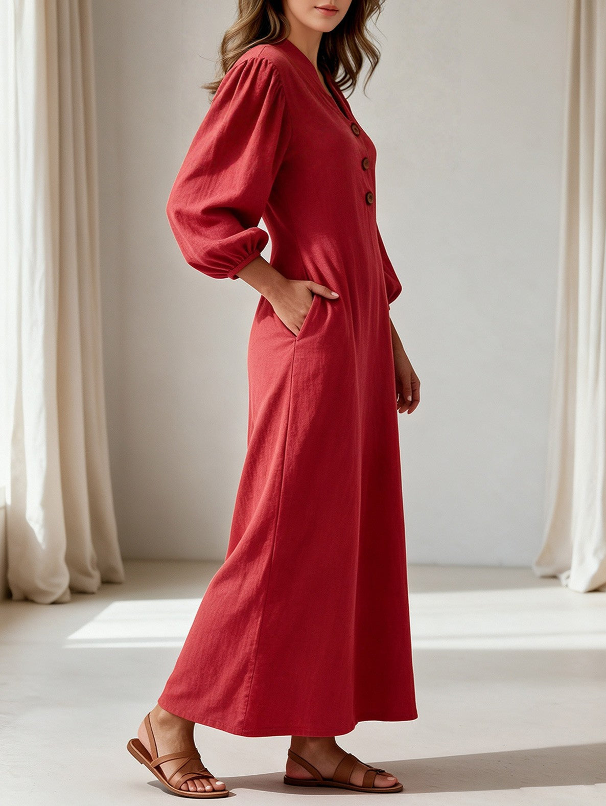Balloon Sleeve V-Neck Maxi Dress With Pockets - Red