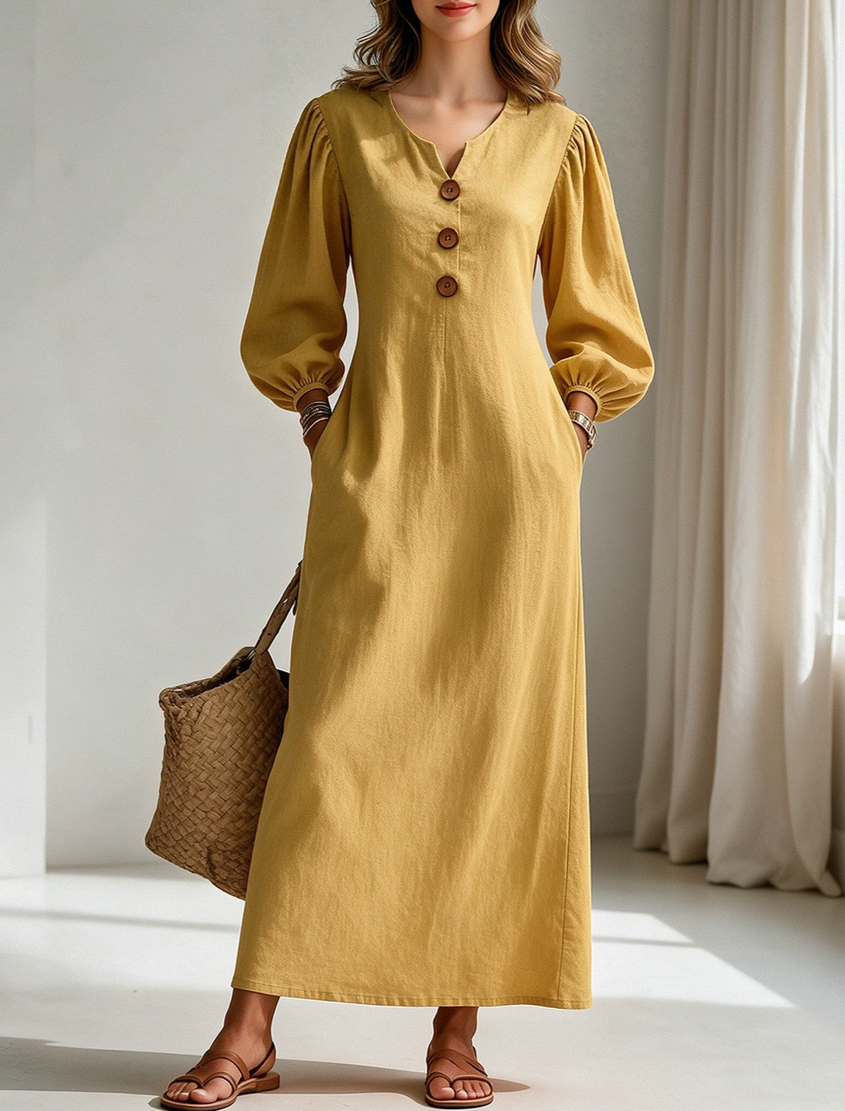 Balloon Sleeve V-Neck Maxi Dress With Pockets - Yellow