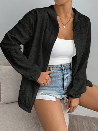 Sheer Crinkle Hooded Zip Front Jacket - Black