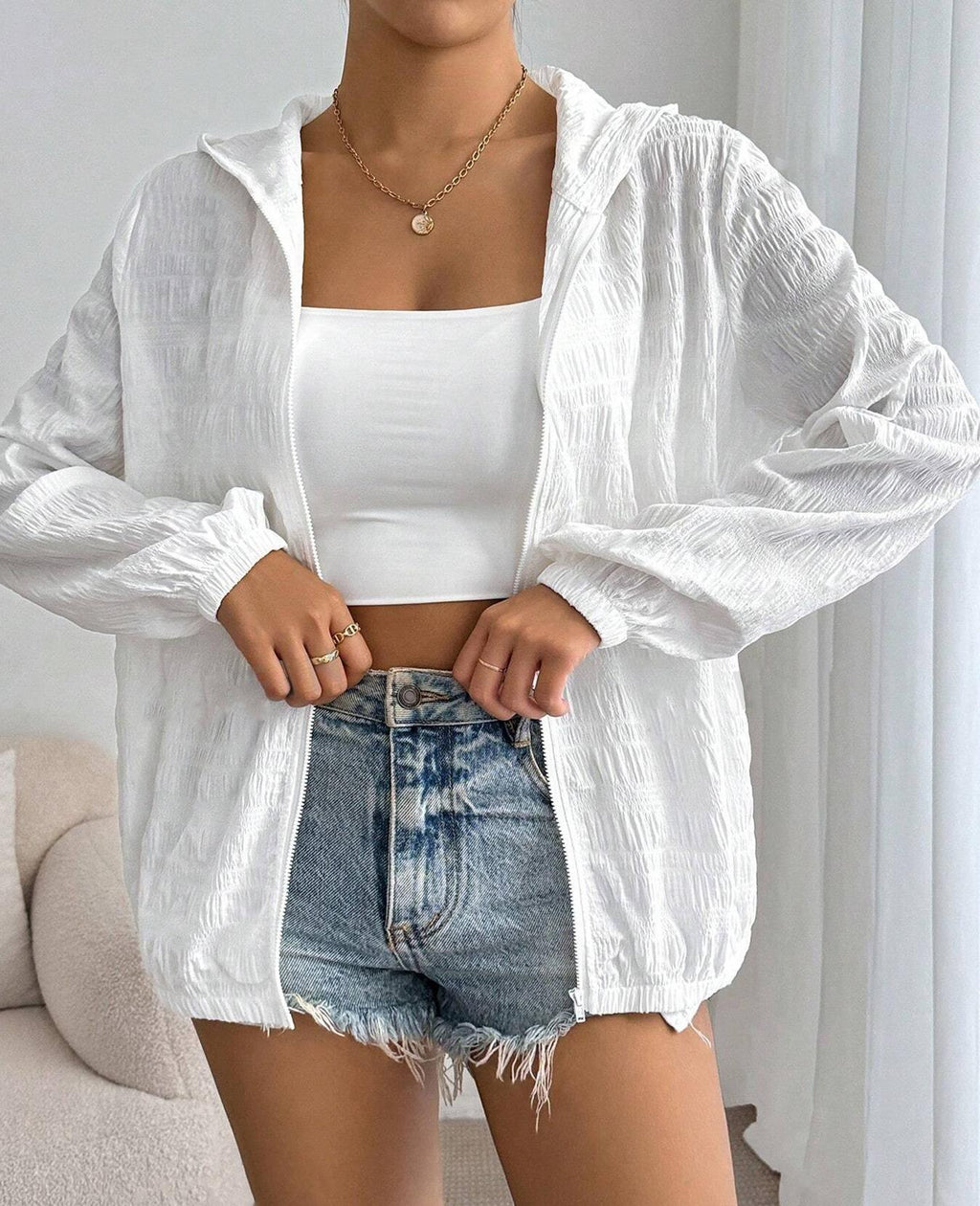Sheer Crinkle Hooded Zip Front Jacket - White