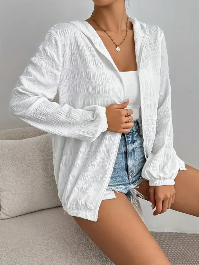 Sheer Crinkle Hooded Zip Front Jacket - White - 2