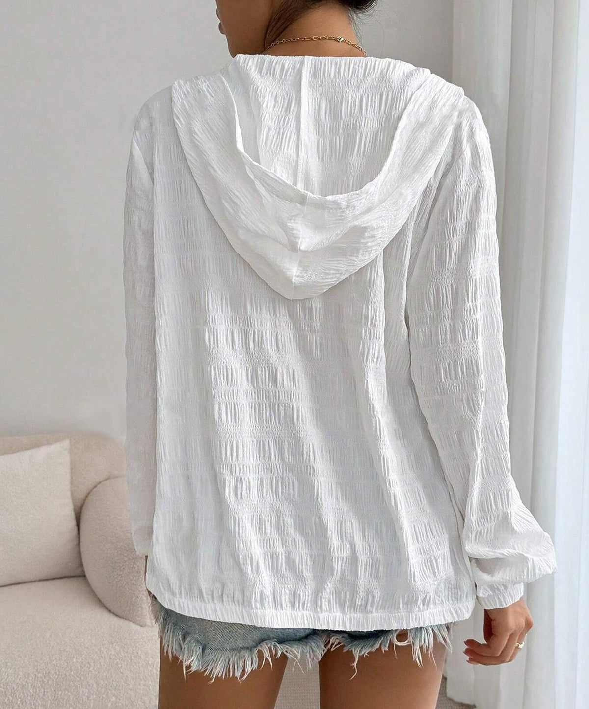 Sheer Crinkle Hooded Zip Front Jacket - White - 4
