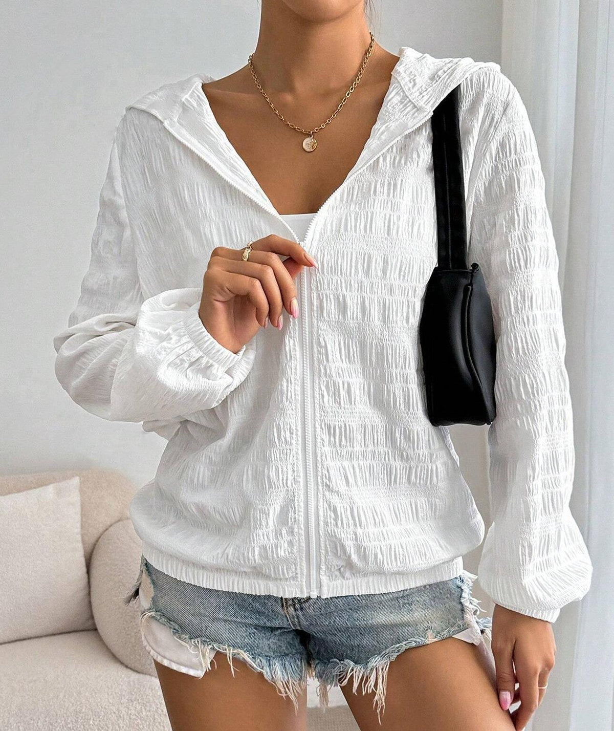 Sheer Crinkle Hooded Zip Front Jacket