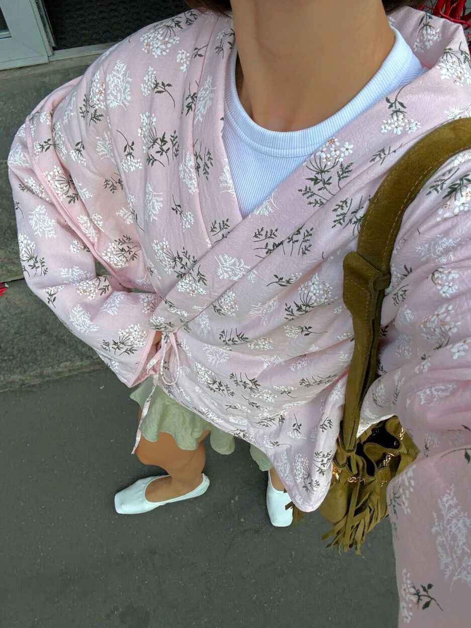 Floral Quilted Wrap Jacket With Tie Waist - Pink - 7