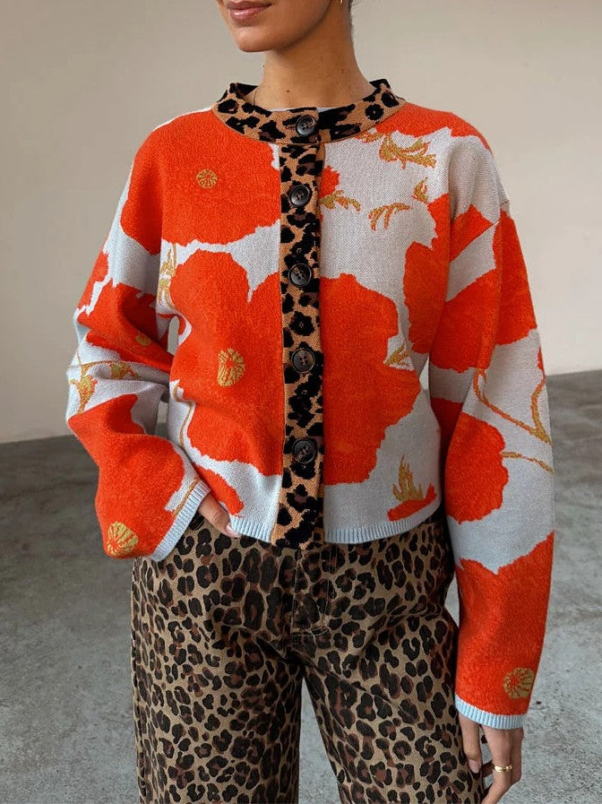 Floral Knit Sweater With Leopard Trim - Red