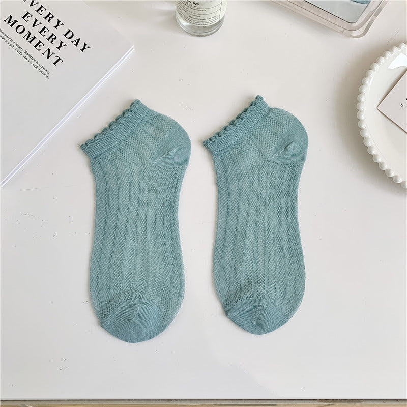 Breathable Mesh Lettuce Edge Ankle Socks - DarkGreen