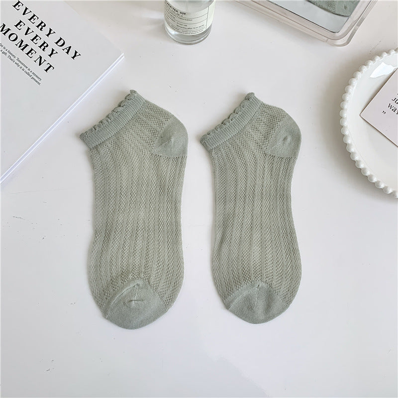 Breathable Mesh Lettuce Edge Ankle Socks - GrassGreen