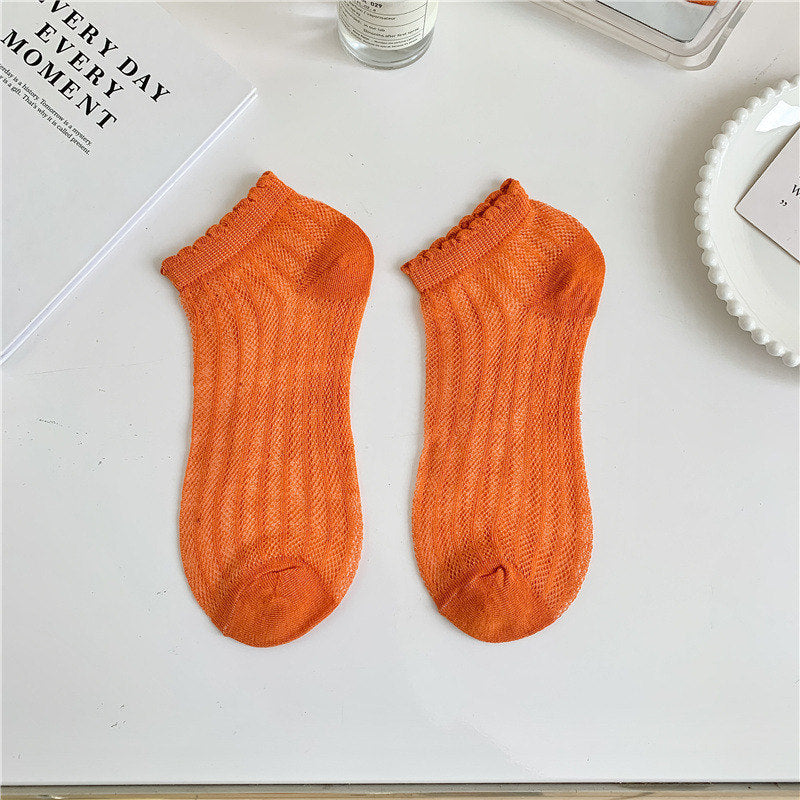 Breathable Mesh Lettuce Edge Ankle Socks - Orange