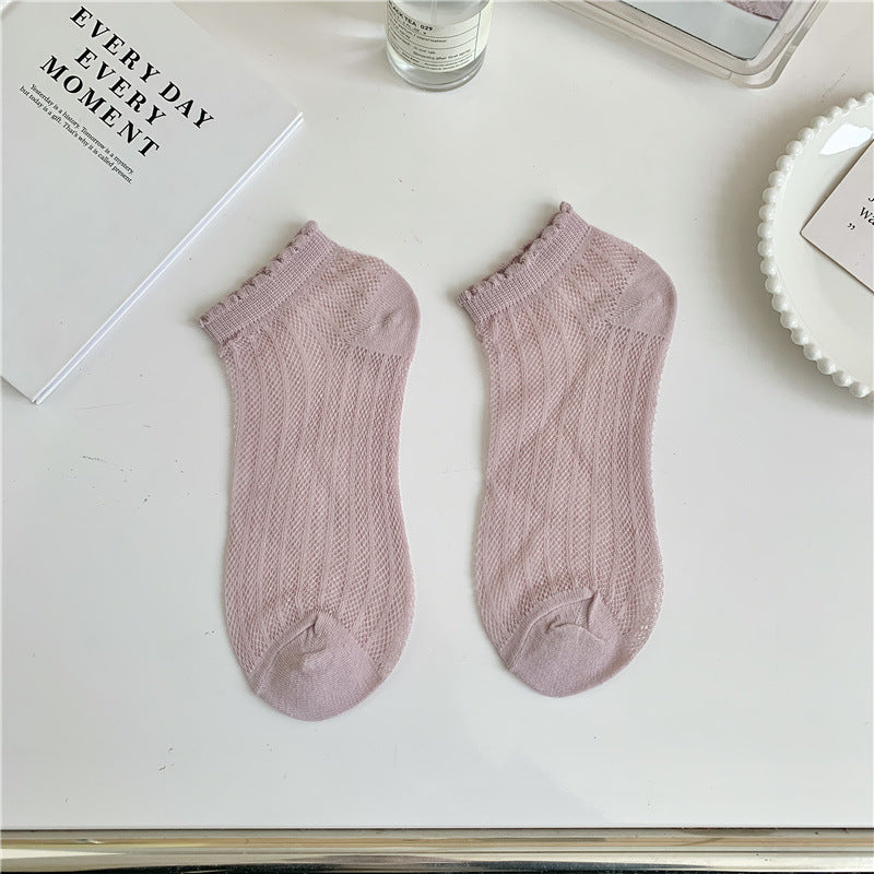 Breathable Mesh Lettuce Edge Ankle Socks - Purple