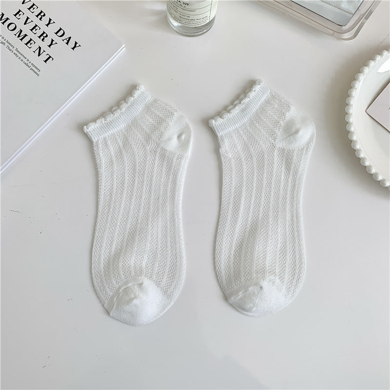 Breathable Mesh Lettuce Edge Ankle Socks - White