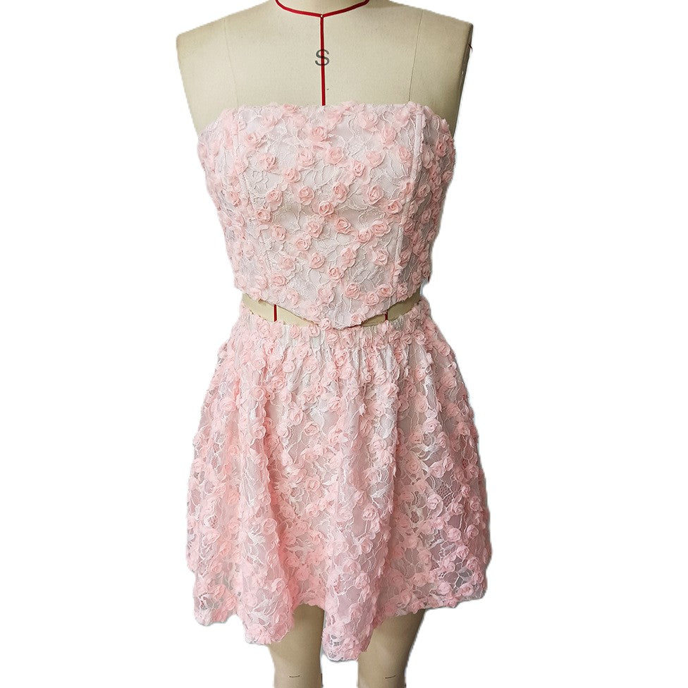 Textured Floral Bandeau Top And Mini Skirt Set - Pink - 1