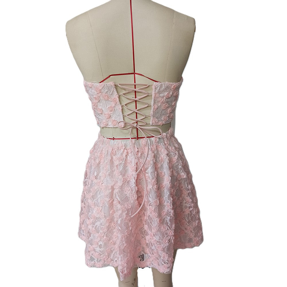 Textured Floral Bandeau Top And Mini Skirt Set - Pink - 3