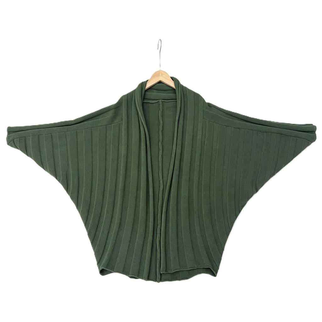 Ribbed Batwing Sleeve Open Front Cardigan - Green