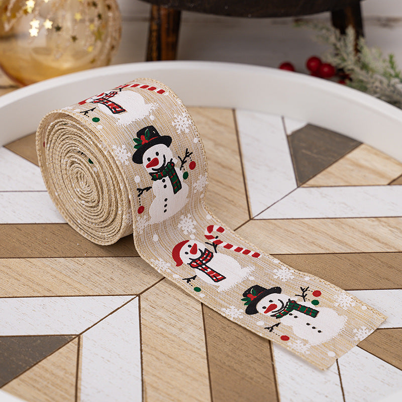 Snowman Print Christmas Ribbon Roll Holiday Craft Decor - Linen
