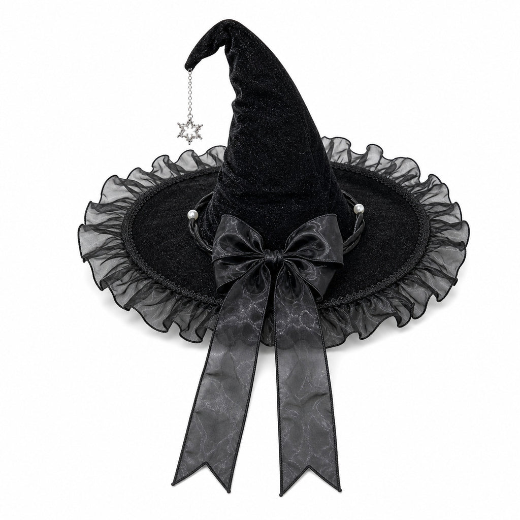 Ruffled Organza Witch Hat With Star Charm - Black