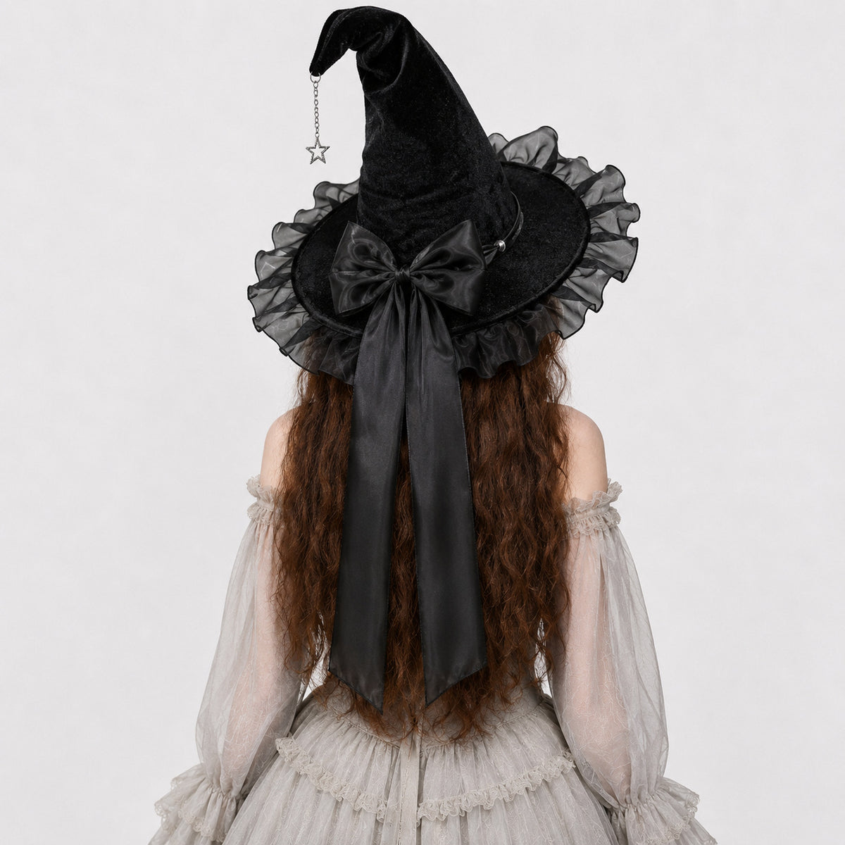 Ruffled Organza Witch Hat With Star Charm - Black - 1