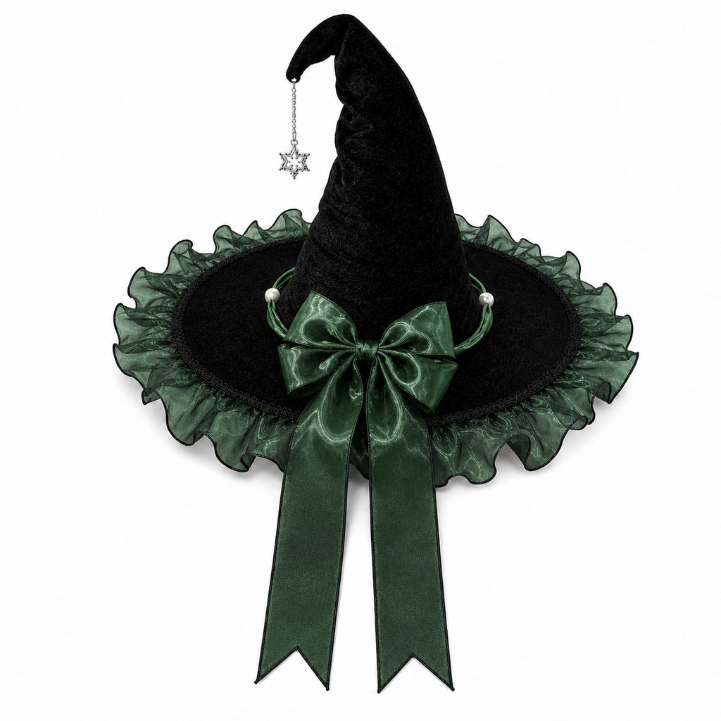 Ruffled Organza Witch Hat With Star Charm - Green