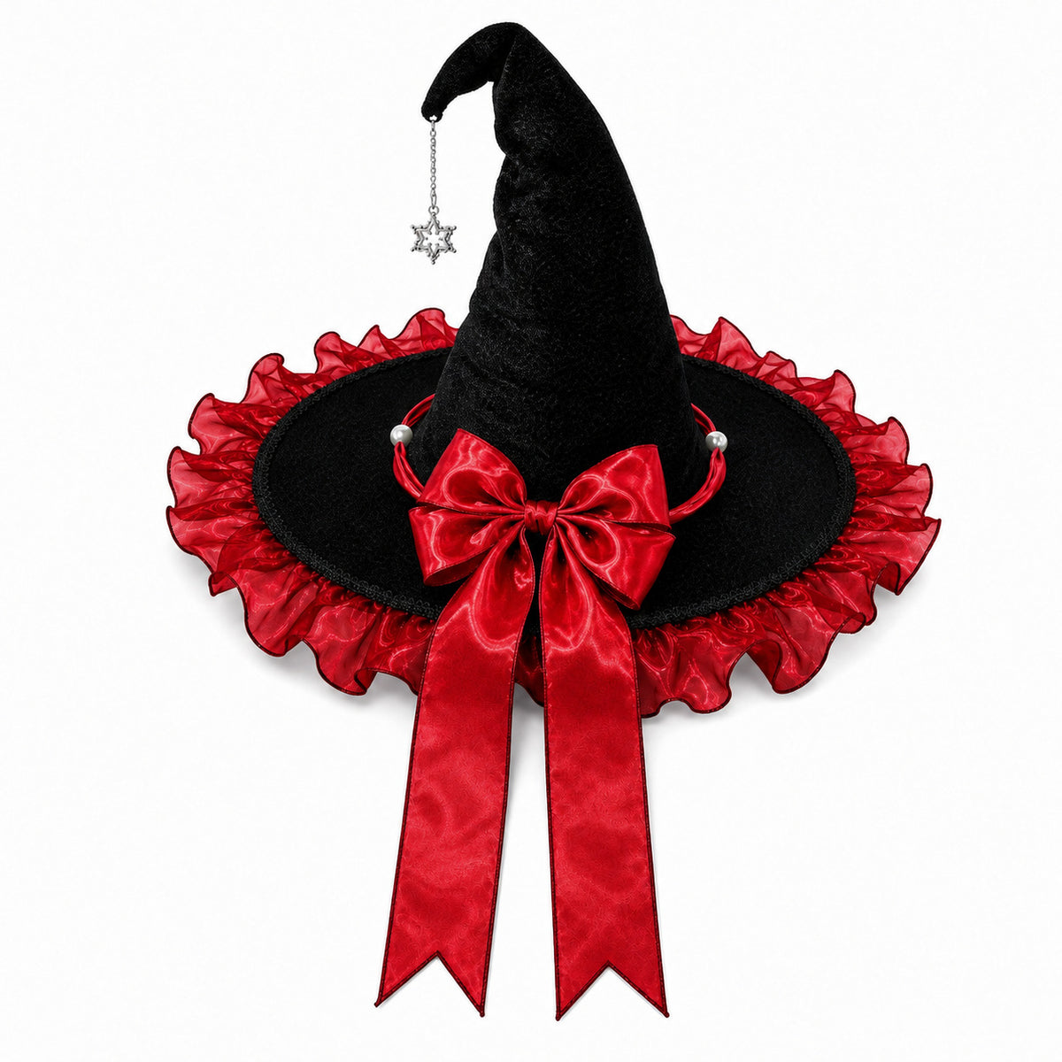 Ruffled Organza Witch Hat With Star Charm - Red