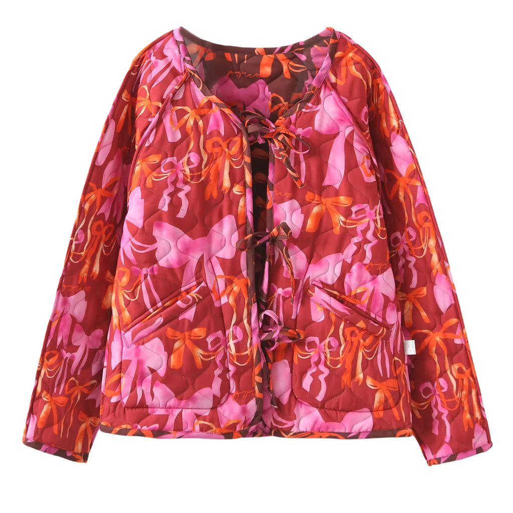 Ribbon Print Quilted Tie Front Jacket - Red