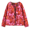 Ribbon Print Quilted Tie Front Jacket - Red
